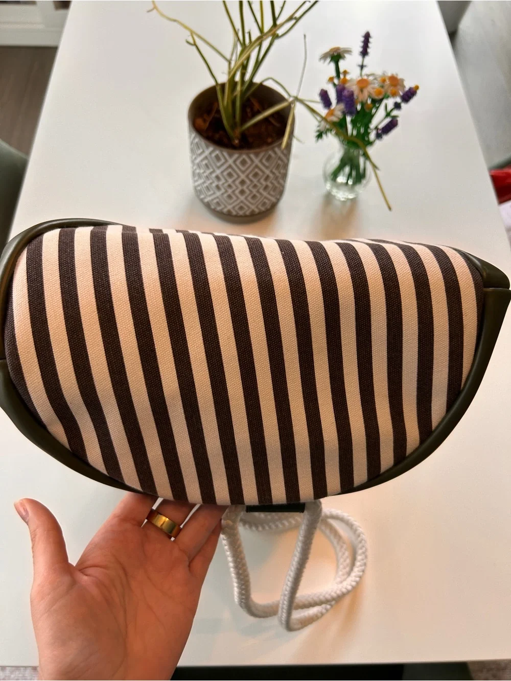 henri bendel Brown and White Striped Duffel with Rope Handles
